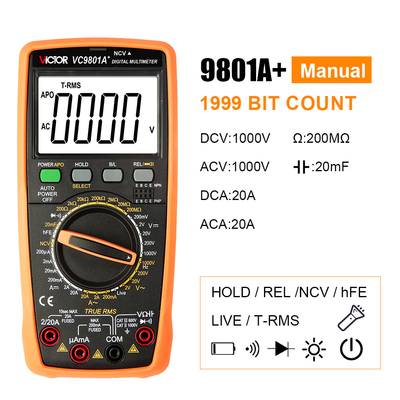 Victor VC9801A+ 9801 Multimètre de poche Testeur de transistors de température RMS réel